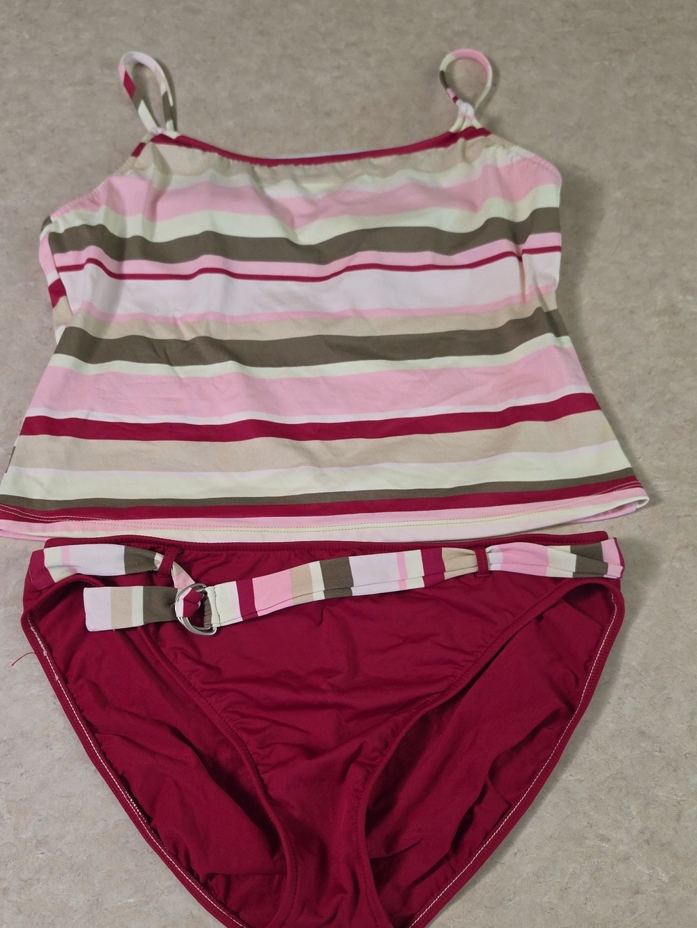 Island Escape Striped Pink & Olive Tankini Set with Solid Berry Bottoms.